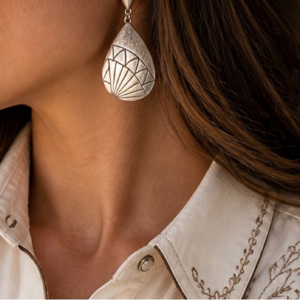 The Sak Silver Tone Teardrop Engraved Dangle Earrings (BR333/5)